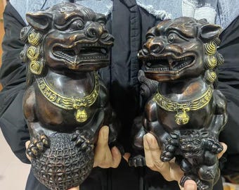 A pair Brass lion Foo Dogs statue Lucky animal figures fengshui peking fu dog lion power ornament,fine desk decoration lovely sculpture P828