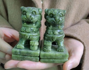 A pair Natural Green Jade Palace foo dog lion statue,Crystal Healing,Tibet lion dance costume,living room decor Warding Off Evil EnergyPF600