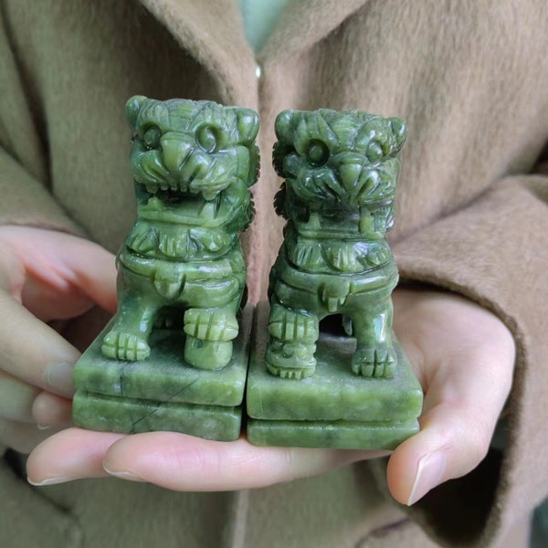 A pair Natural Green Jade Palace foo dog lion statue,Crystal Healing,Tibet lion dance costume,living room decor Warding Off Evil EnergyPF600