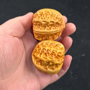 May include: Two intricately carved, light brown walnut shell halves. The shells have a detailed, textured surface with a naturalistic design. The halves are held in a hand against a dark background.