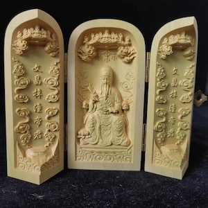 Nichos de budismo de madera portátiles de Buda, caja de tallado de Buda a mano de boj - WENCHANG DI JUN Bodhisattva Sages Estatua de meditación de Buda Caja plegable