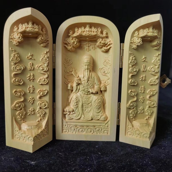 Niches de bouddha portables en bois pour bouddha, boîte de sculpture de bouddha en buis-Boîte pliante pour statue de méditation bouddha Bodhisattva Sages WENCHANG DI JUN