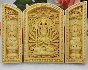 Chinese Boxwood Handmade Carved Three Saints Open Box      E860 