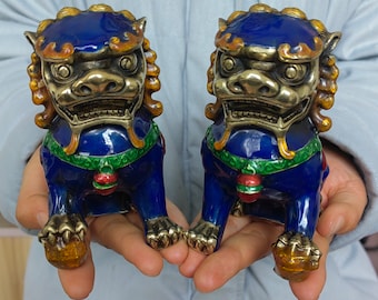 A pair Brass lion Foo Dogs statue Lucky animal figures fengshui peking fu dog lion power ornament,fine desk decoration lovely sculpturePF549