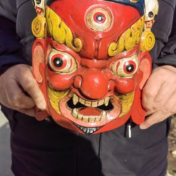 手彫りの木製マハーカーラマスク、チベット仏教の壁掛け - Etsy 日本