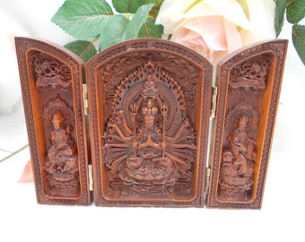 Buddha Portable Wooden buddism niches, boxwood hand carving Box-Three saints of Thousand-hand guanyin Bodhisattva Sages Buddha statue boxes