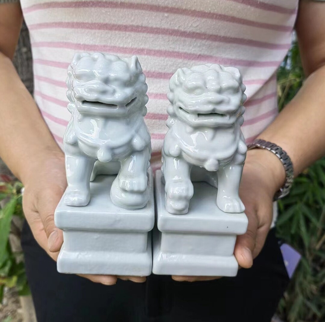 Paire de statues de chien Foo en céramique blanche, décoration Feng ...