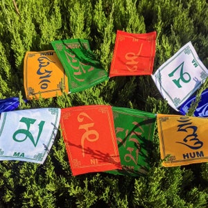 May include: A collection of colorful prayer flags with various Tibetan script designs. The flags are in shades of yellow, green, red, and white, with intricate gold-colored borders. The flags are arranged on a bed of green foliage.