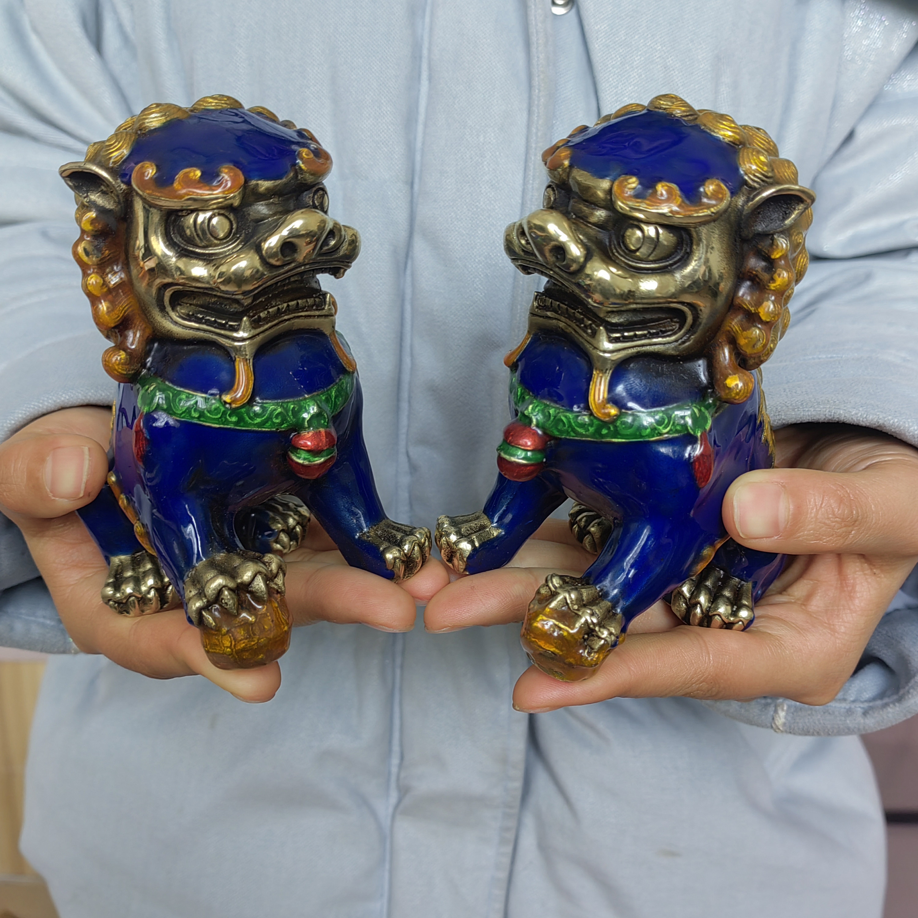 Pair Enamel Brass Foo Dog Statues, Fengshui Power Ornament - Etsy