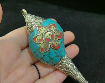 Nepal Amulet For Money Lucky Powerful Strong Protection Zen Old Tibet Filigree Agate Painting Dragon Beast conch sea snail trumpet shell 814