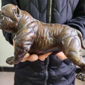 Könnte beinhalten: Eine bronzefarbene Skulptur eines Bulldoggen in Gehposition. Der muskulöse Körper und die Gesichtszüge des Hundes sind detailliert, mit sichtbaren Falten und Furchen. Die Skulptur hat eine polierte Oberfläche mit metallischem Glanz.