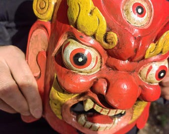 手彫りの木製マハーカーラマスク、チベット仏教の壁掛け - Etsy 日本