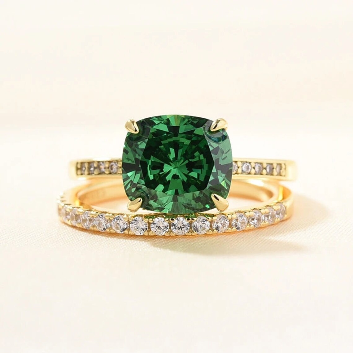 Emerald Green Cushion Cut wedding Ring Set In Sterling Etsy