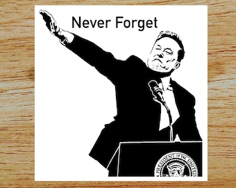 May include: Black and white graphic of a person speaking at a podium, with the text "Never Forget" above. The person is gesturing with their right arm raised. The podium has the presidential seal.