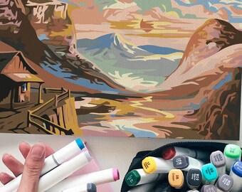 Alpine Chalet Art / DIY Painting / Landscape Paint By Numbers Kit / Serene Nature Art By Numbers Kit / Mountains Printable Painting / TH0030