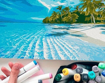 Sandy Beach Landscape Art / DIY Painting / Seascape Paint By Numbers Kit / At The Seaside By Numbers Kit /Digital Printable Painting /TH0033