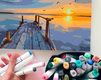 Pier With Sunset / DIY Painting /  Sunset Paint By Numbers Kit / Landscape Art By Numbers Kit / Digital Printable Seaside Painting / TH0018