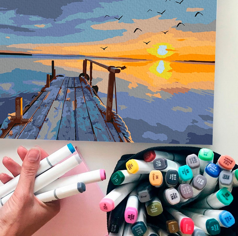 Pier With Sunset / DIY Painting / Sunset Paint By Numbers Kit / Landscape Art By Numbers Kit / Digital Printable Seaside Painting / TH0018 image 1