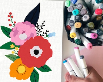 Fleurs peintes / Peinture bricolage / Peinture florale par kit de numéros / Kit de fleurs art par numéros / Peinture imprimable Feuilles Peinture numérique / ZZC0001