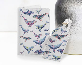 Floral Whales Document Organizer Travel Set Whale Print Wallet Custom Passport Holder Luggage Tag Floral Design Card Holder ZZC0143