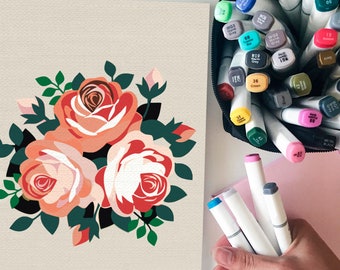 Belles Roses / Peinture DIY / Kit de peinture de fleurs par numéros / Kit de fleurs Art par numéros / Peinture imprimable Peinture numérique florale ZZC0017