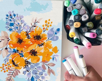 Spring Flowers / DIY Painting / Yellow Flowers Paint By Numbers Kit / Floral Art By Numbers Kit / Printable Digital Leaves Painting / TH0009