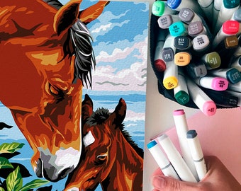 Cheval avec poulain / Peinture de bricolage / Peinture animale par kit de numéros / Kit d'art de cheval par numéros / Printable Art Design Digital Painting / TH0019