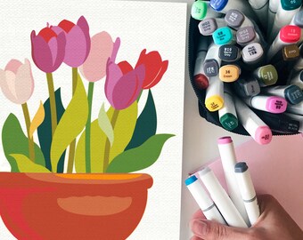 Pot Of Roses/ DIY Painting/ Flowerpot Paint By Numbers Kit / Roses Art By Numbers Kit/ Printable Painting RosesDigital Art/ ZZC0016