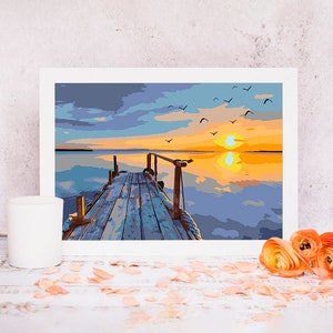 Pier With Sunset / DIY Painting / Sunset Paint By Numbers Kit / Landscape Art By Numbers Kit / Digital Printable Seaside Painting / TH0018 image 2