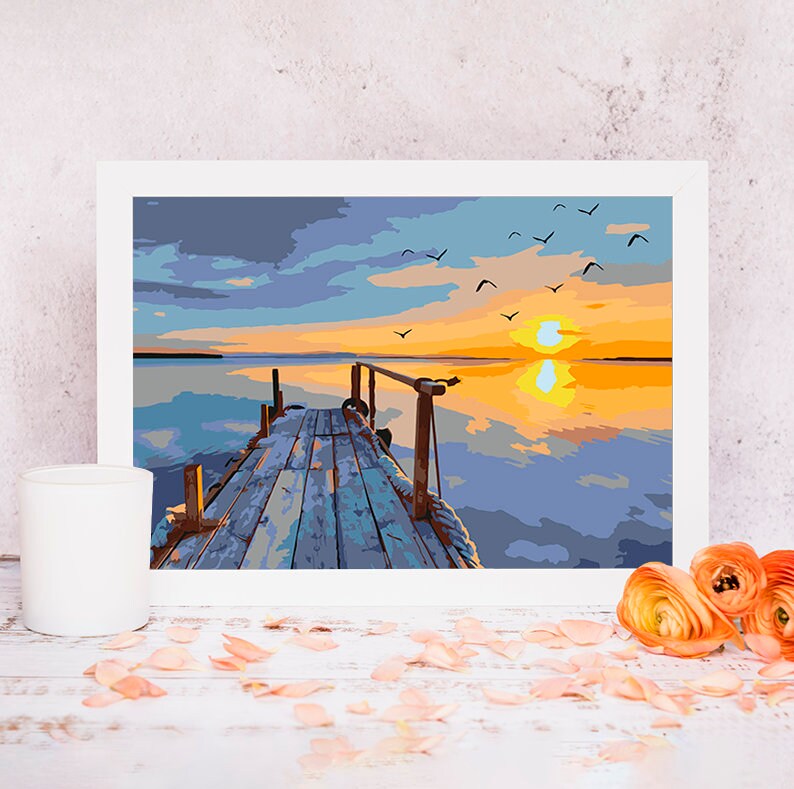 Pier With Sunset / DIY Painting / Sunset Paint By Numbers Kit / Landscape Art By Numbers Kit / Digital Printable Seaside Painting / TH0018 image 2