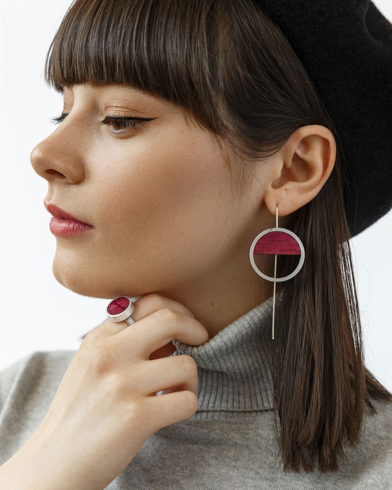 Wooden mismatch asymmetric earrings statement threader Etsy