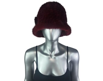 Wine Red MINK Knitted Hat W/brim & Rosette, Size M/L 