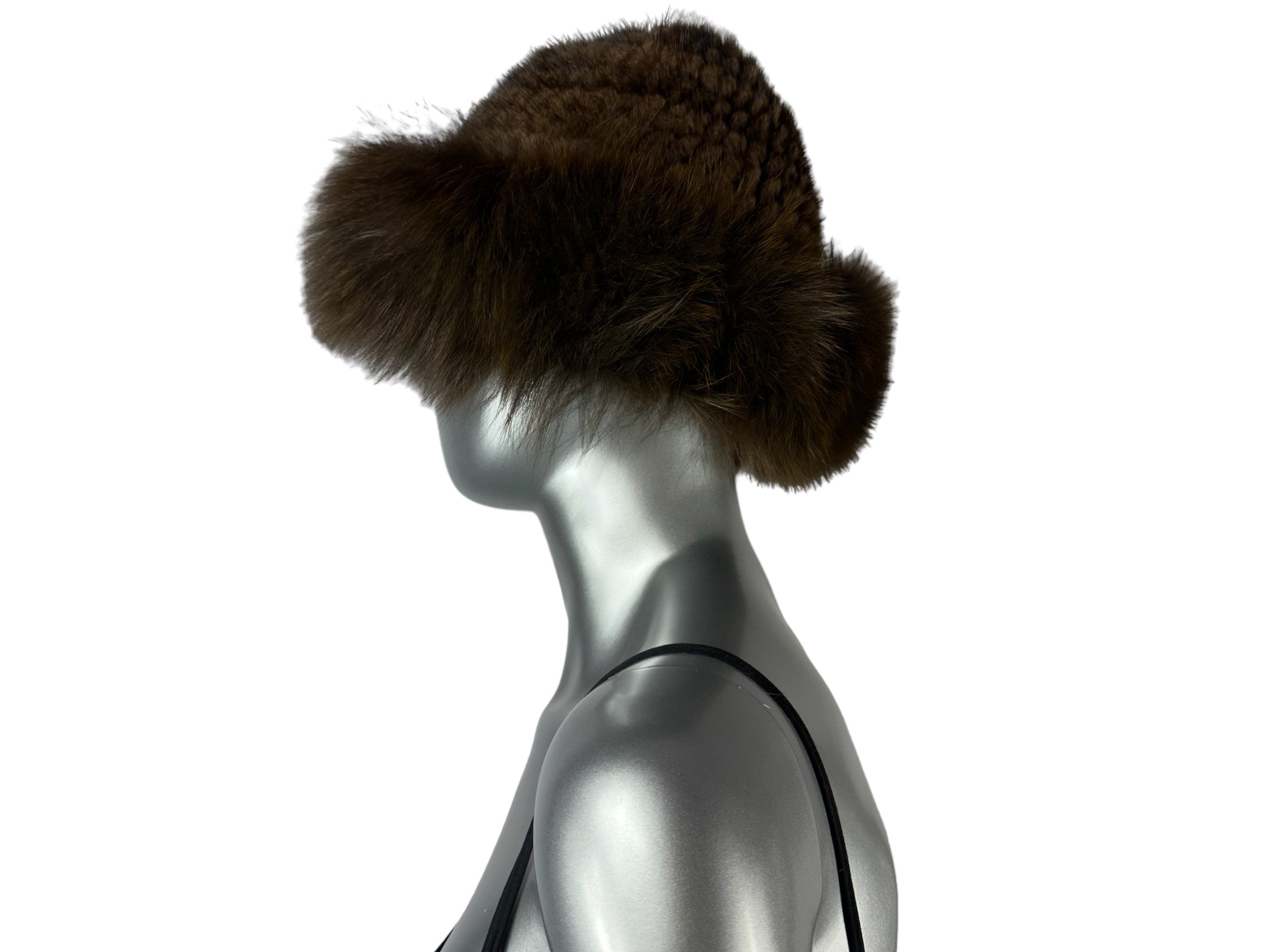 Mahogany MINK Knitted Hat w/FOX Trim, Sz 27” Adjustable, Certified Vintage Fur Mahogany MINK Knitted Hat W/fox, Size XXL-27” Adjustable  main image 2