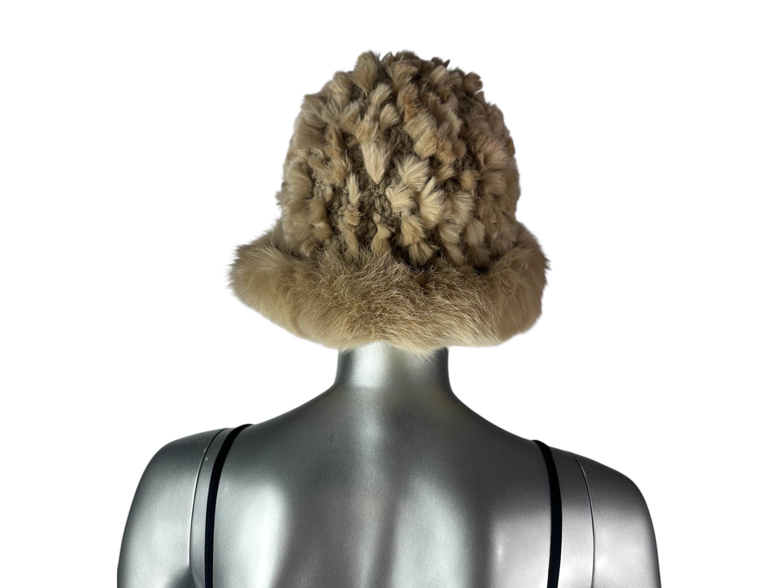 Beige Knitted REX RABBIT Hat w/Beige FOX Trim,Size22”-24”, Certified Vintage Fur Snow Top Knitted REX RABBIT Hat, One Size 21”-24” W/stretch  main image 4