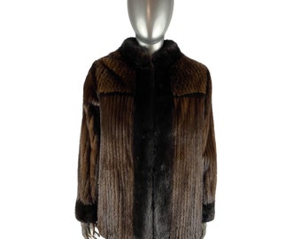 MAHOGANY MINK Corduroy Style Jacket, w/Ranch Mink Trim, SAGA Mink, Size S, Certified Vintage Fur w/Storage Bag and Appraisal