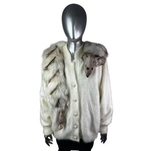 White ANGORA Sweater w/Blue Fox Trim, Size M/L, Certified Vintage Fur w/Storage Bag