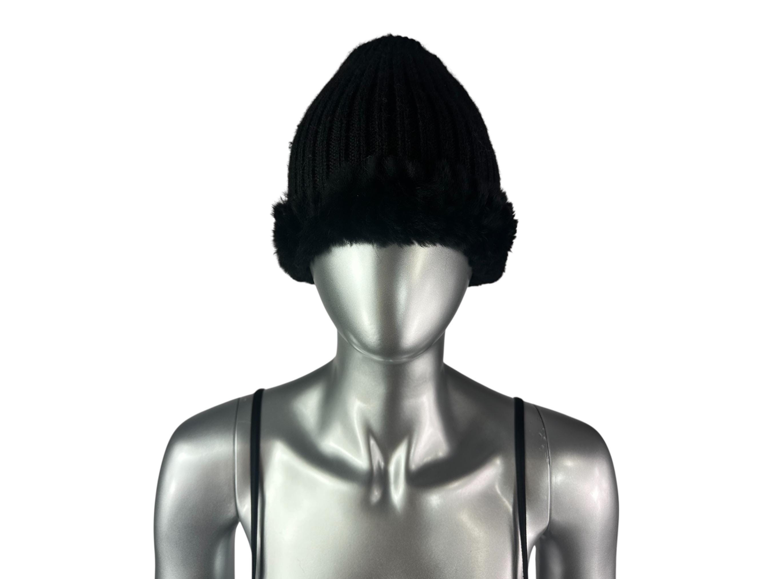 BLACK KNITTED REX RABBIT HAT W/BLACK FOX, SZ 22”-24”, CERTIFIED VINTAGE FUR Gray Frost FOX Hat, One Size 21”-24” W/stretch, Certified  main image 3