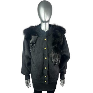 Black ANGORA Sweater w/Black FOX Trim, Size M, Certified Vintage Fur w/Storage Bag