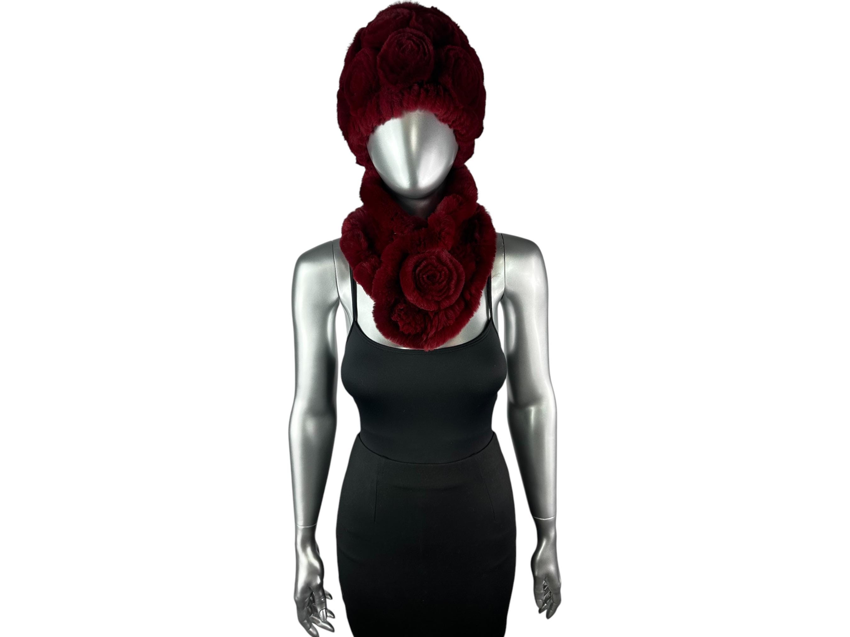 Red REX RABBIT Hat and Scarf w/Rosettes, One Size 21”-23” w/Stretch Red REX RABBIT Hat and Scarf W/rosettes, One Size 21”-23” W  main image 3