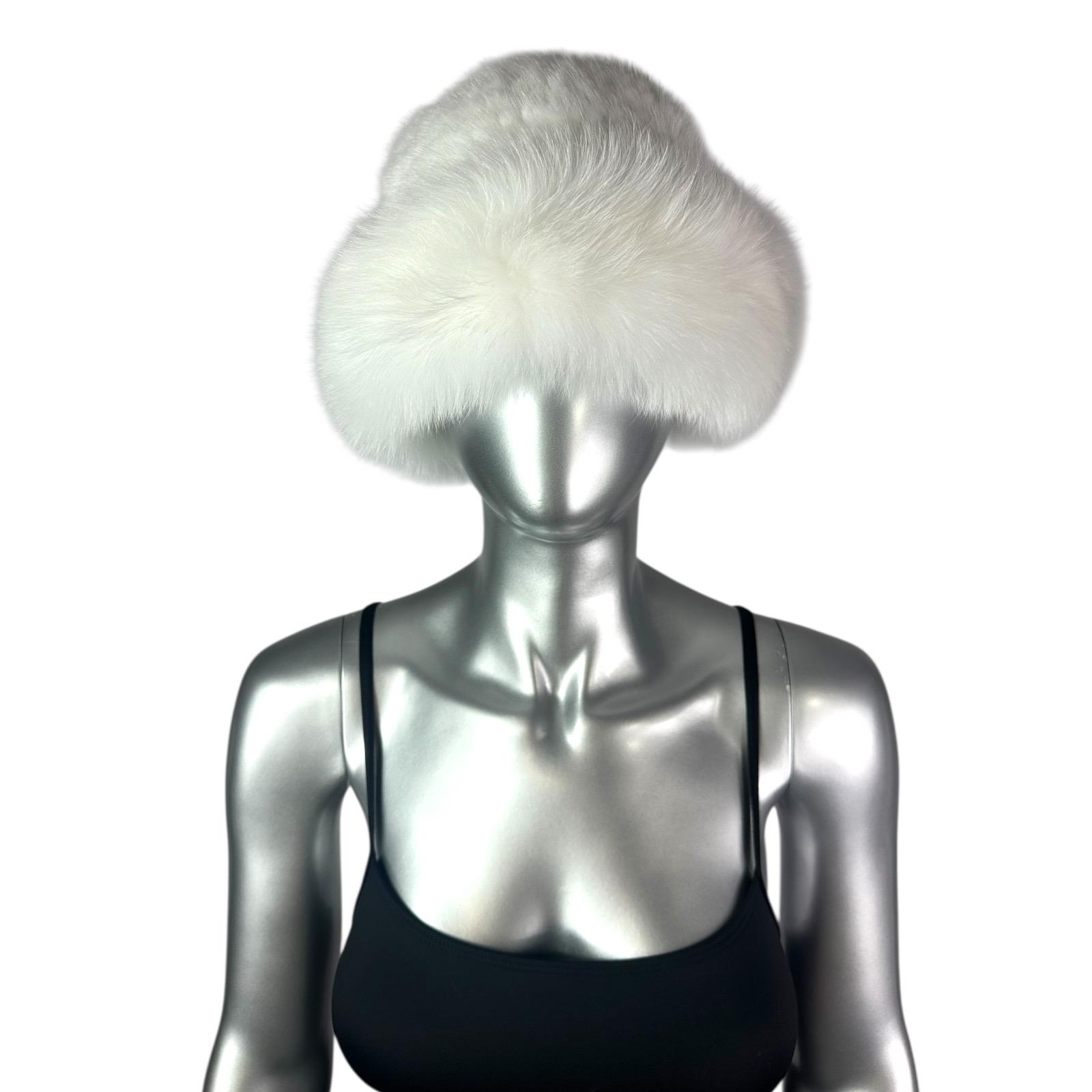 White MINK Knitted Hat W/fox, Size XL-26” Adjustable Band  display picture 2