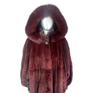 Wine RED Sheared MINK Blouson Jacket W/hood W/ Fox Trim
