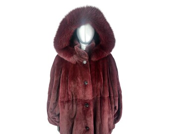 Red SHEARED MINK Reversible Jacket W/fox Collar, Sz L/xl