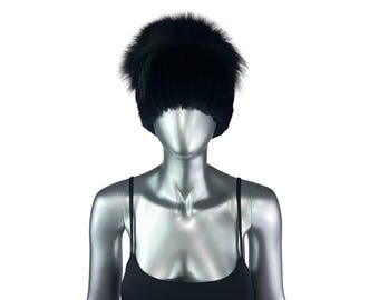 Black MINK Knitted Hat w/Black FOX, Sz 26” Adjustable, Certified Vintage Fur Pastel MINK Knitted Hat, Sz XL-26”Adjustable, Certified  main image 4