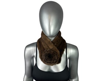 MAHOGANY MINK Knitted Scarf w/MINK Rosette, 24”L, Certified Vintage Fur