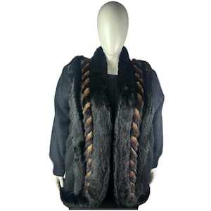 Black ANGORA Sweater w/RABBIT and MINK Trim, Plus Size 2XL, Certified Vintage Fur w/Storage Bag