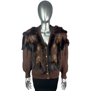 Brown ANGORA Sweater w/MAHOGANY MINK Trim, Beads, Pearls, Crystals, Size M, Certified Vintage Fur w/Storage Bag