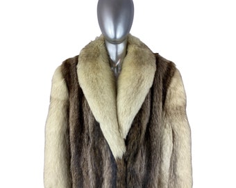 RACCOON COAT, Silver Tip, w/BLUE Fox Collar and Sleeves, Size L, Certified Vintage Fur, w/Storage Bag and Appraisal