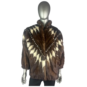 Men’s Mahogany MINK w/White MINK Inlaid Pattern Jacket, Southwestern Style, Size 3XL, Certified Vintage Fur, w/Storage Bag and Appraisal