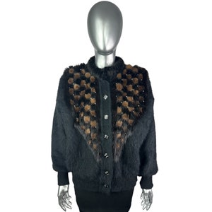 Black ANGORA Sweater w/Ranch & Mahogany Mink and Rhinestones, Size M, Certified Vintage Fur w/ Storage Bag