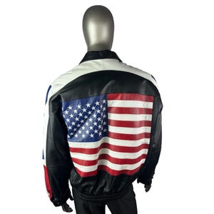 Men’s Black LEATHER w/USA Flag Jacket, Size XL, Certified Vintage Leather w/Storage Bag